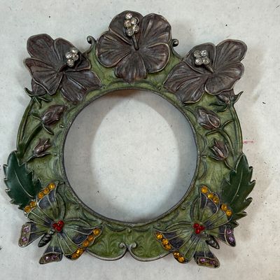 Ornate Enameled Metal Photo Frame with Rhinestone Flowers & Butterflies