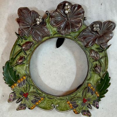 Ornate Enameled Metal Photo Frame with Rhinestone Flowers & Butterflies