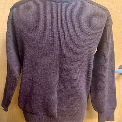 Vintage Glenhusky of Scotland Commando-Style Knit Wool Sweater with Suede Patches Size Large