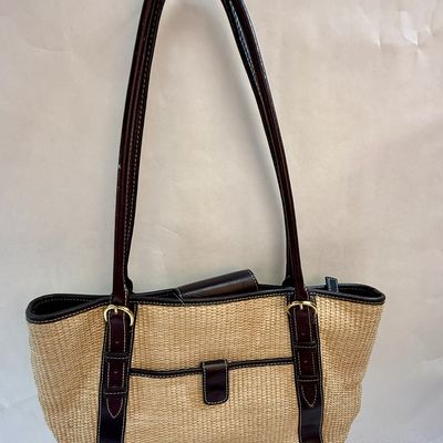 Woven Straw and Dark Brown Leather Shoulder Tote Bag