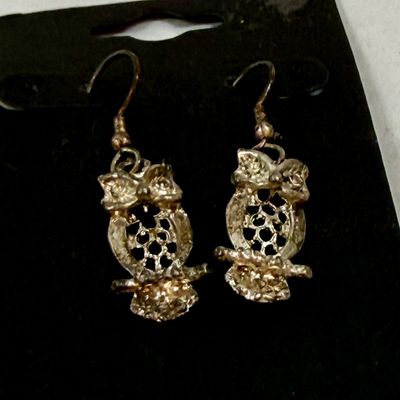 Silver-Tone Openwork Owl Dangle Drop Earrings