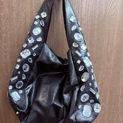 Joan Boyce Black Faux Leather Rhinestone Embellished Hobo Shoulder Bag