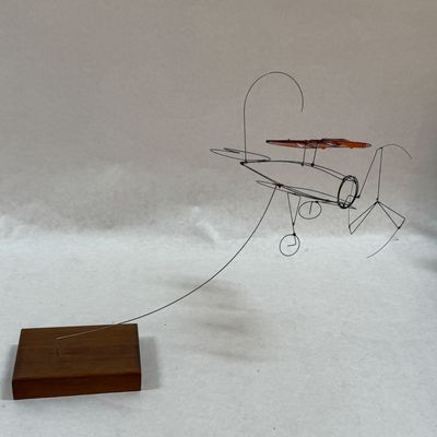 Wire Sculpture Airplane Mobile on Wood Base