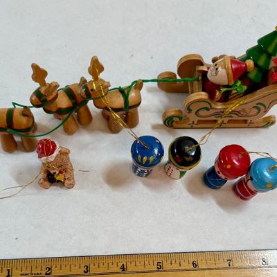 Vintage Wooden Christmas Ornaments Santa Sleigh Reindeer Toy Soldier Lot