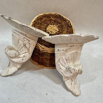Pair of Vintage Distressed White Carved Wood Wall Sconces / Corbel Shelves