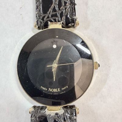 Vintage Noble Black Museum Dial Quartz Watch with Leather Strap