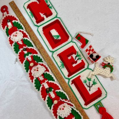 Vintage Handcrafted Christmas Decorations - Crochet Santa & Needlepoint NOEL