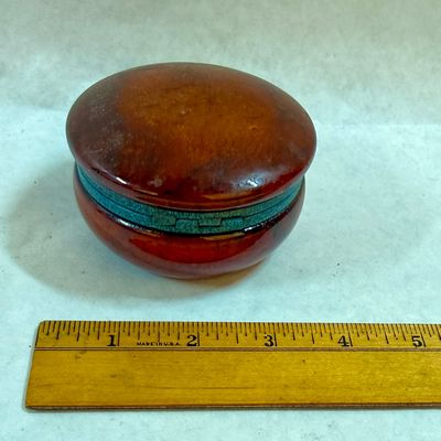 Small Hinged Wooden Trinket Box with Turquoise-Colored Accent Rim