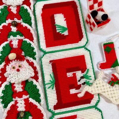 Vintage Handcrafted Christmas Decorations - Crochet Santa & Needlepoint NOEL