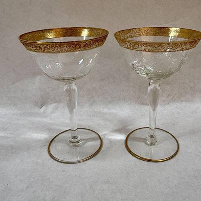 Pair of Vintage Etched Glass Cocktail Stemware with Gold Encrusted Rims