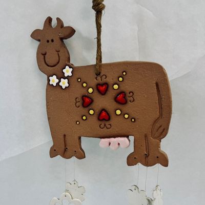 Vintage Hand-Painted Clay Cow Wind Chime Wall Hanging