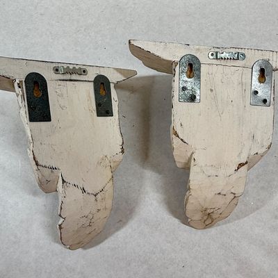 Pair of Vintage Distressed White Carved Wood Wall Sconces / Corbel Shelves