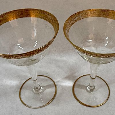 Pair of Vintage Etched Glass Cocktail Stemware with Gold Encrusted Rims