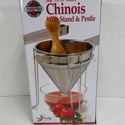 Norpro Stainless Steel Chinois Strainer Set with Stand and Wooden Pestle
