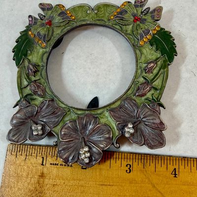 Ornate Enameled Metal Photo Frame with Rhinestone Flowers & Butterflies