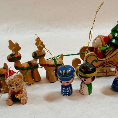 Vintage Wooden Christmas Ornaments Santa Sleigh Reindeer Toy Soldier Lot