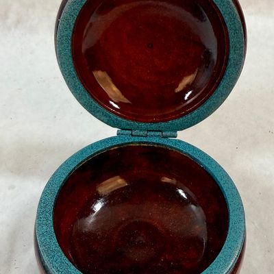 Small Hinged Wooden Trinket Box with Turquoise-Colored Accent Rim