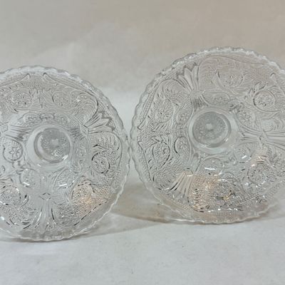 Pair of Vintage Cut Pressed Clear Glass Candlestick Holders