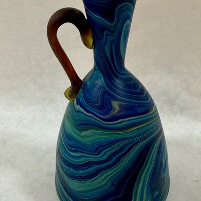 Vintage Hand Blown Swirled Glass Handled Pitcher Vase