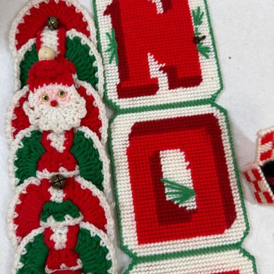 Vintage Handcrafted Christmas Decorations - Crochet Santa & Needlepoint NOEL