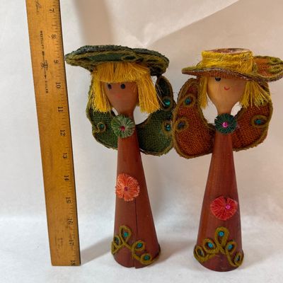 Pair of Vintage Mid-Century Wooden Angel Figurines - Made in Taiwan