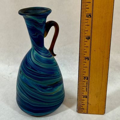 Vintage Hand Blown Swirled Glass Handled Pitcher Vase