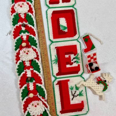 Vintage Handcrafted Christmas Decorations - Crochet Santa & Needlepoint NOEL