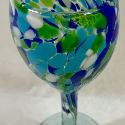 Hand-Blown Confetti Glass Wine Goblet - Blue, Green & White