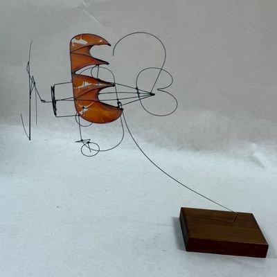 Wire Sculpture Airplane Mobile on Wood Base