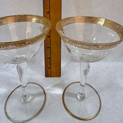 Pair of Vintage Etched Glass Cocktail Stemware with Gold Encrusted Rims