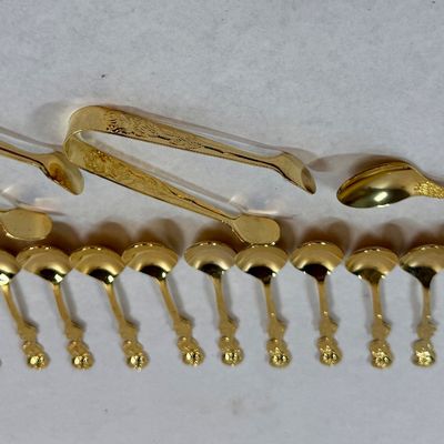 Vintage Gold Tone Demitasse Spoons and Sugar Tongs Set - Japan