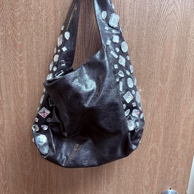 Joan Boyce Black Faux Leather Rhinestone Embellished Hobo Shoulder Bag