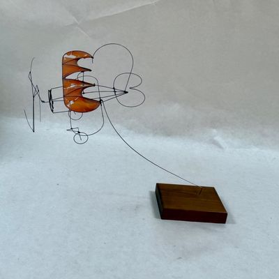 Wire Sculpture Airplane Mobile on Wood Base