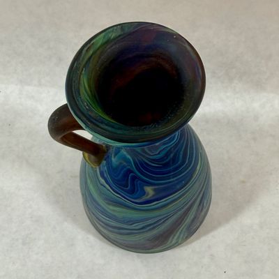 Vintage Hand Blown Swirled Glass Handled Pitcher Vase
