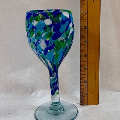 Hand-Blown Confetti Glass Wine Goblet - Blue, Green & White
