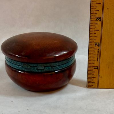 Small Hinged Wooden Trinket Box with Turquoise-Colored Accent Rim