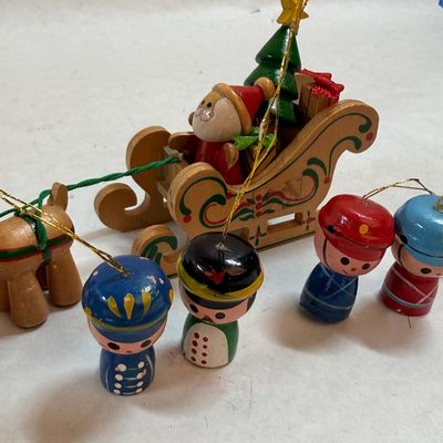 Vintage Wooden Christmas Ornaments Santa Sleigh Reindeer Toy Soldier Lot