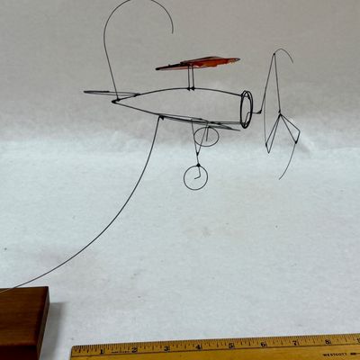 Wire Sculpture Airplane Mobile on Wood Base