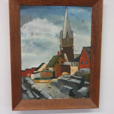 Sale Photo Thumbnail #430: J.H. Germer "Church Landscape" oil painting
