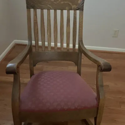 Sale Photo Thumbnail #62: Antique Oak Rocking Chair With Upholstered Cushion Seat