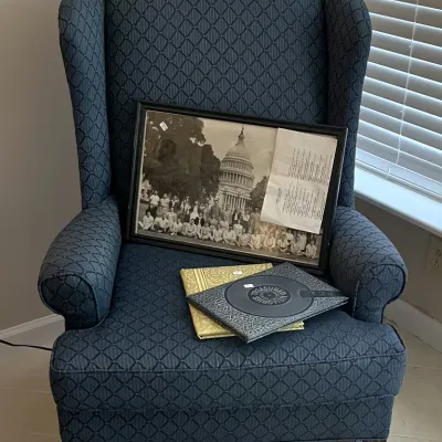 Sale Photo Thumbnail #64: Blue Fabric Wingback With Matching Ottoman 