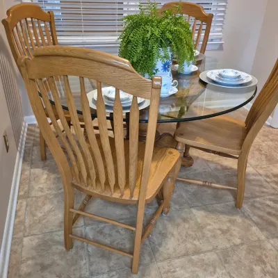 Sale Photo Thumbnail #29: Like New Wood Walnut Color Kitchen Set/ 4 Chairs/Glass Top/ Pedestal Base/Medallion Center