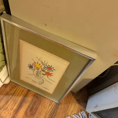 Sale Photo Thumbnail #5: Framed vintage art print featuring Pablo Picasso's 'Bouquet of Peace', set in a silver-tone metal frame with a wide mat.