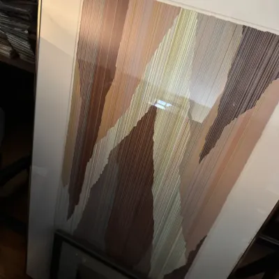 Sale Photo Thumbnail #2: Large framed abstract artwork featuring vertical pinstriped torn-paper effect composition in earthy tones.