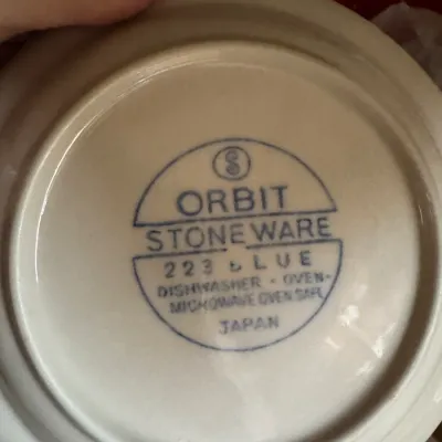 Sale Photo Thumbnail #65: Maker's mark on the underside of a vintage Orbit Stoneware piece, pattern number 223 Blue, made in Japan.