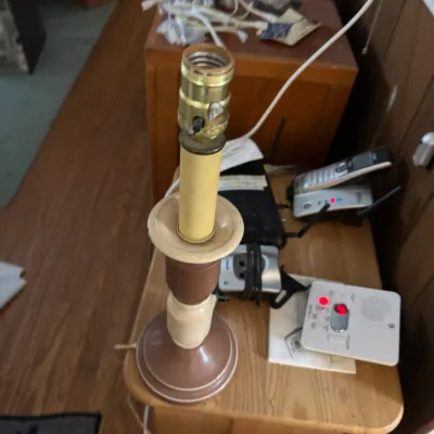 Sale Photo Thumbnail #132: Vintage candlestick table lamp base in brown and cream, missing shade and light bulb.
