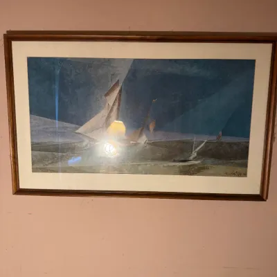Sale Photo Thumbnail #91: Framed mid-century modern abstract art print depicting sailboats, presented under glass in a simple wooden frame.