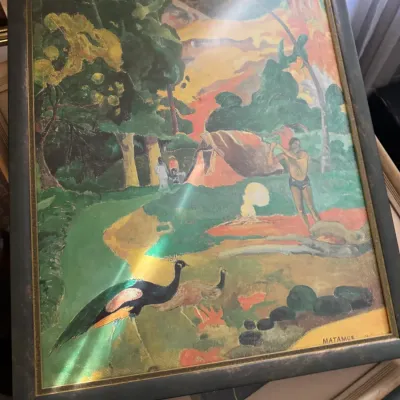 Sale Photo Thumbnail #100: Framed art print reproduction of Paul Gauguin's "Matamoe" (The Peacock), set in a dark wood frame with gilt accenting.