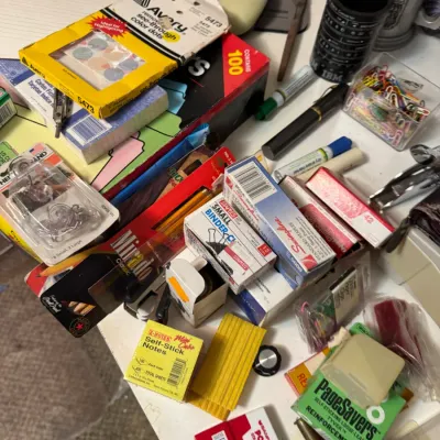 Sale Photo Thumbnail #47: Assortment of vintage office supplies including Swingline staples, Mirado pencils, Avery color coding dots, and sticky notes.