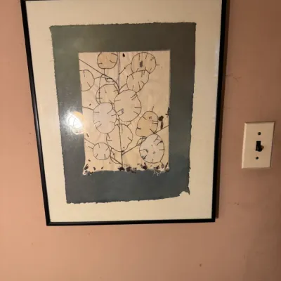 Sale Photo Thumbnail #7: Framed mixed media artwork featuring botanical line drawings on layered deckle-edge handmade paper, presented under glass in a simple black frame.